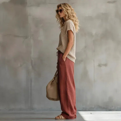 Women's Linen Short-Sleeve Wide-Leg Bohemian Vintage Top and Pants Set