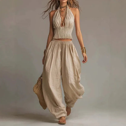 Women's Linen Halter-Neck Wide-Leg Crop Bohemian Top and Pants Set