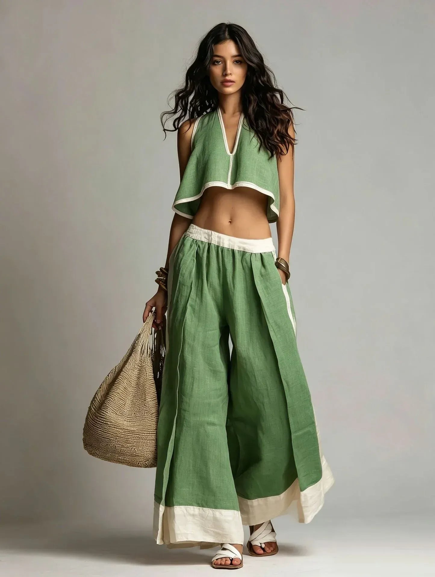 Women's Cotton-Linen V-Neck Sleeveless Wide-Leg Top and Pants Set