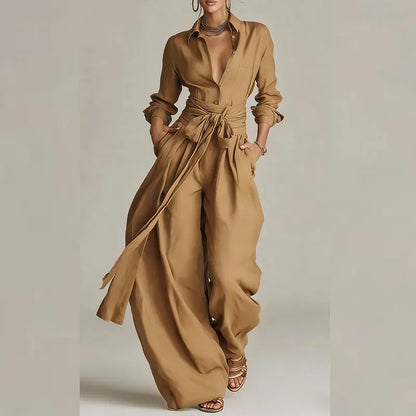 Women's Solid-Color Low-Neck Long-Sleeve Buttoned Vacation Top and Pants Set