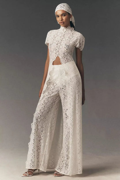 Women's Vacation Lace Mesh-Detail Sleeveless Pants Set