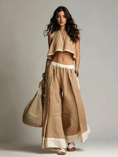 Women's Cotton-Linen V-Neck Sleeveless Wide-Leg Top and Pants Set