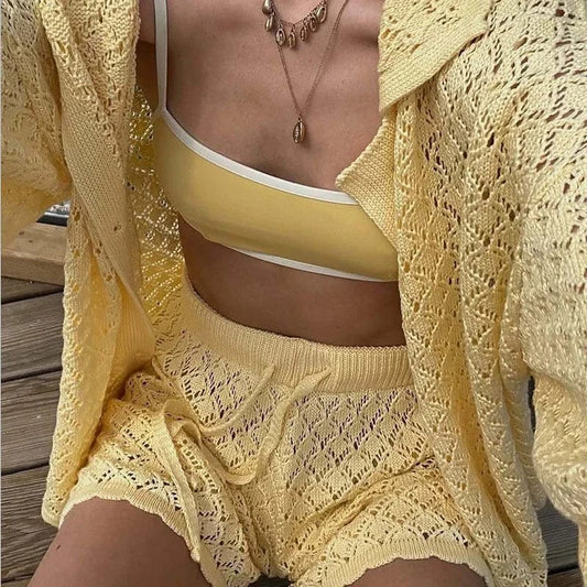 Women's Lace Crochet Sheer Shorts Set