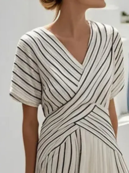 Women's Striped V-Neck Short-Sleeve Office-to-Beach Dress