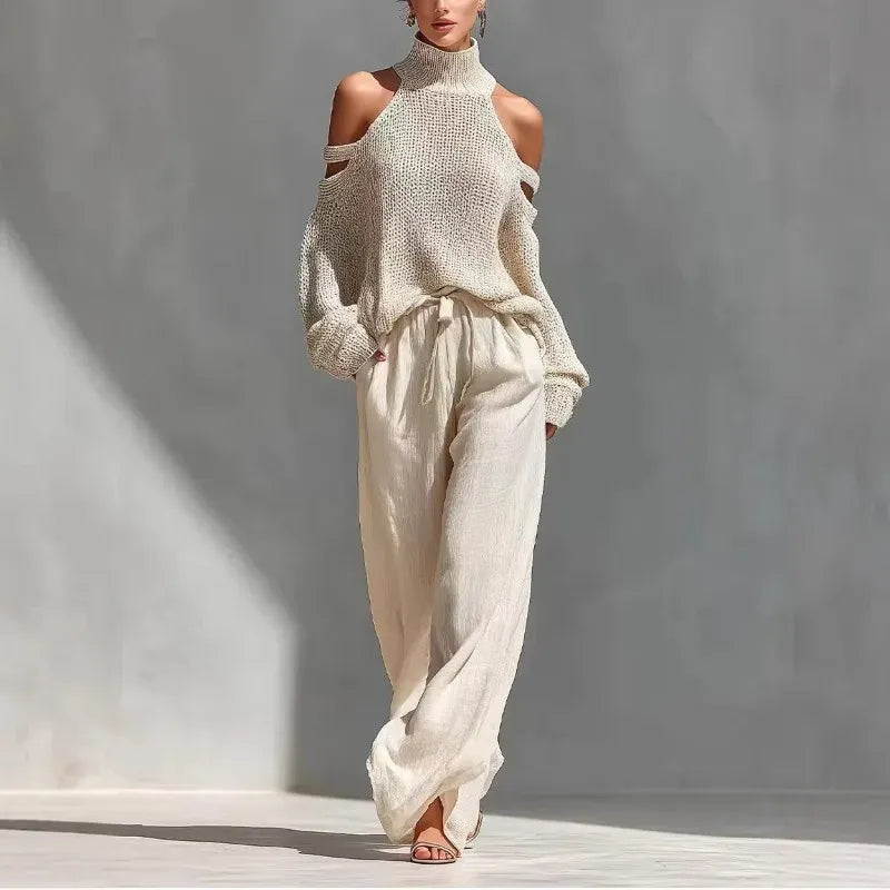 Women's Openwork Off-Shoulder Wide-Leg Casual Vacation Top and Pants Set