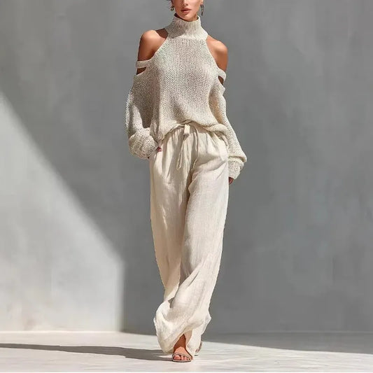 Women's Openwork Off-Shoulder Wide-Leg Casual Vacation Top and Pants Set