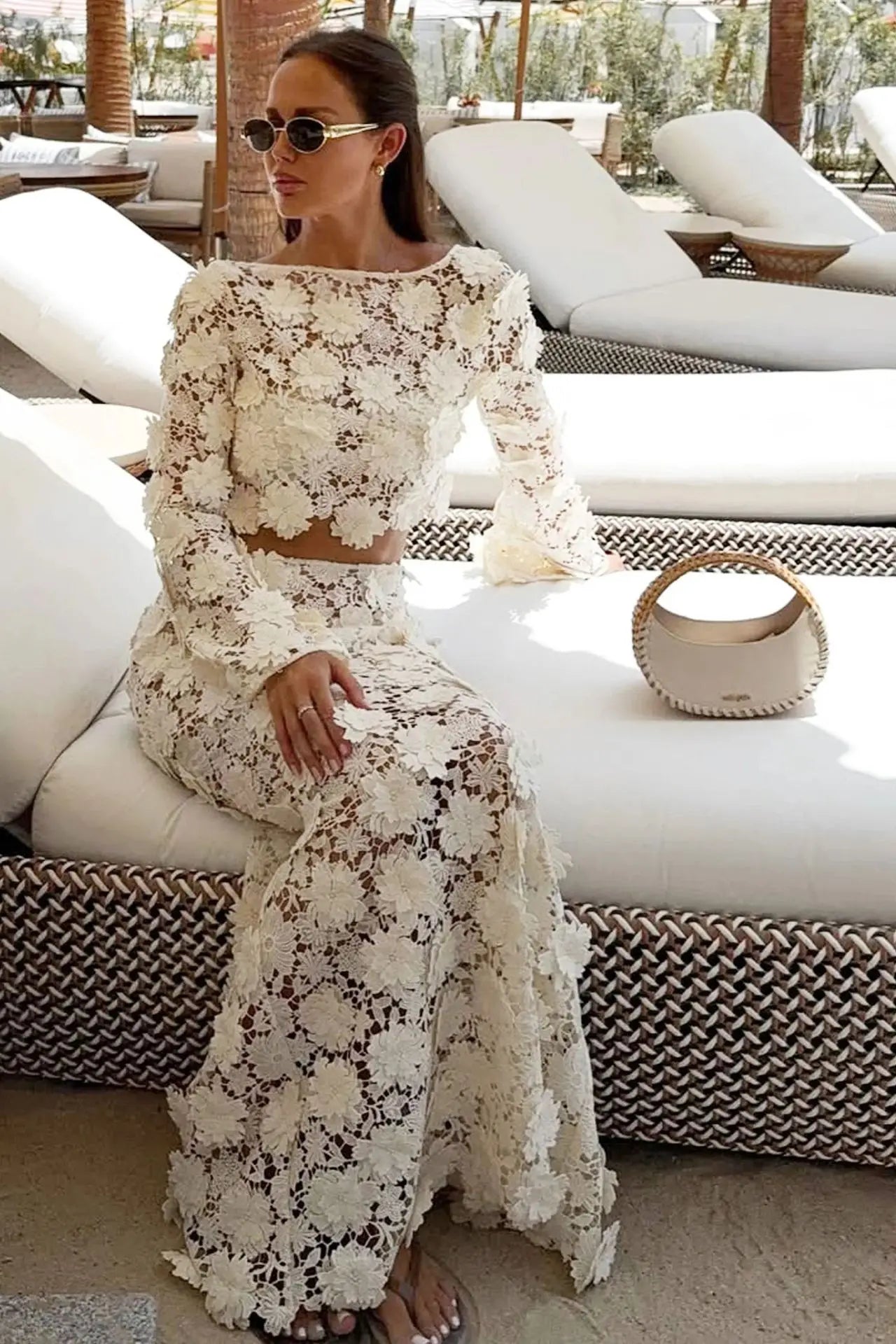 Women's Vacation Lace Backless Long-Sleeve Skirt Set
