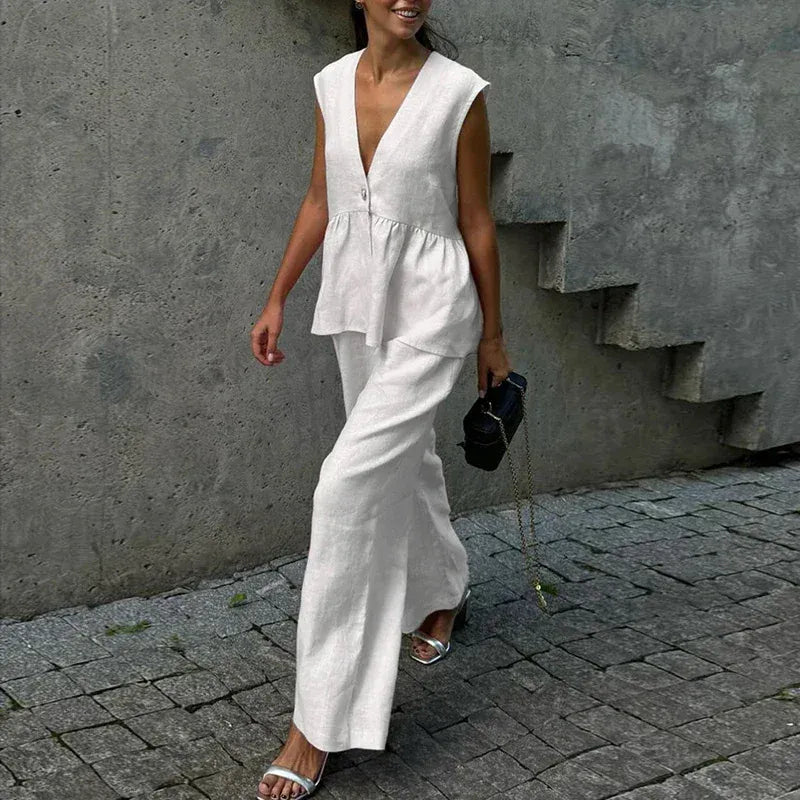 Women's Linen-Blend Sleeveless Ruffle Cotton Pants Set