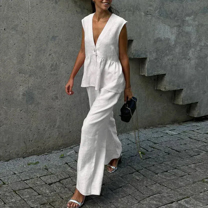 Women's Linen-Blend Sleeveless Ruffle Cotton Pants Set