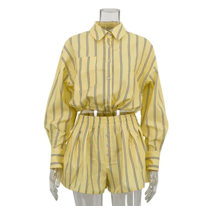 Women's Striped Long-Sleeve High-Waisted Buttoned Shorts Set