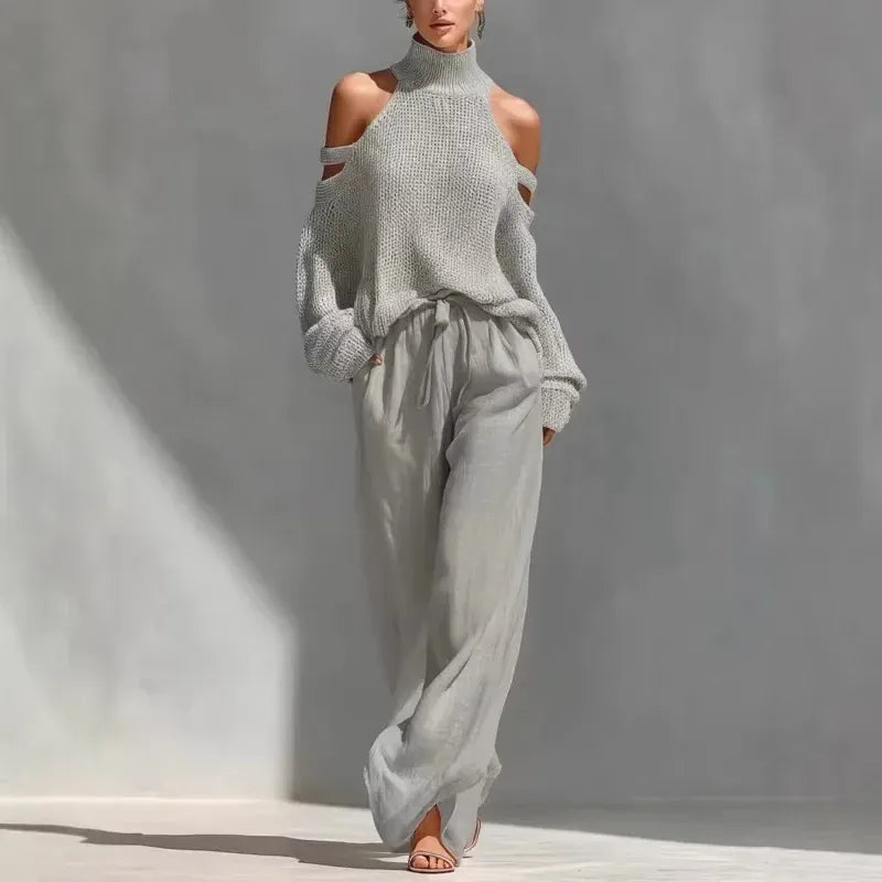 Women's Knit Off-Shoulder Relaxed-Fit Cut-Out Pants Set