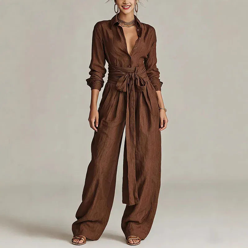 Women's Solid-Color Low-Neck Long-Sleeve Buttoned Vacation Top and Pants Set