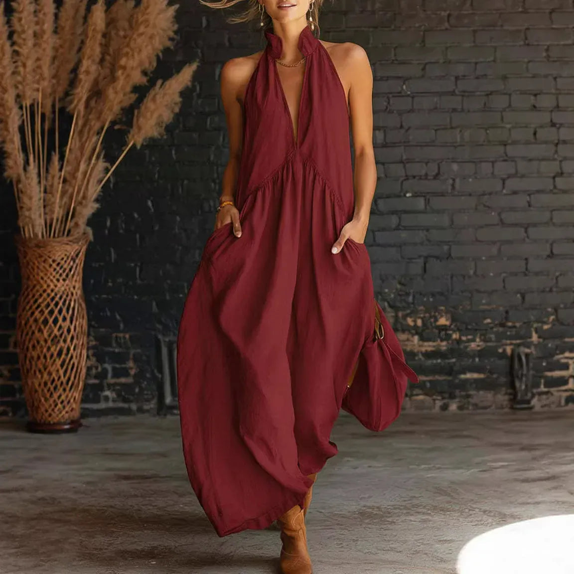 Women's Solid-Color V-Neck Off-Shoulder Sleeveless Casual Maxi Dress