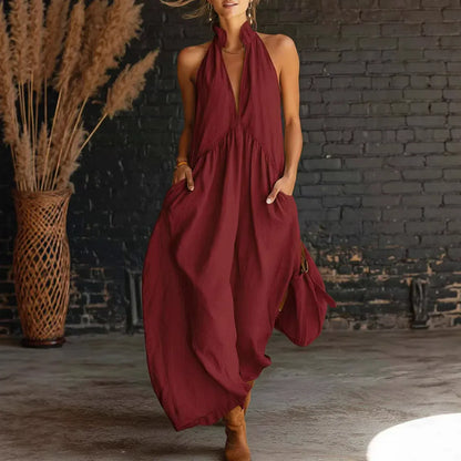 Women's Solid-Color V-Neck Off-Shoulder Sleeveless Casual Maxi Dress