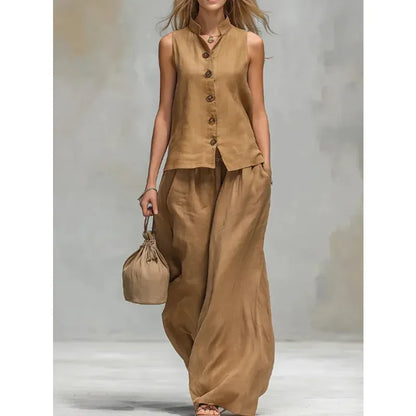 Women's Cotton-Linen Mock-Neck Sleeveless Wide-Leg Top and Pants Set