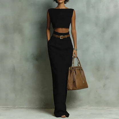 Women's Sleeveless Crew-Neck Pocketed Skirt Set