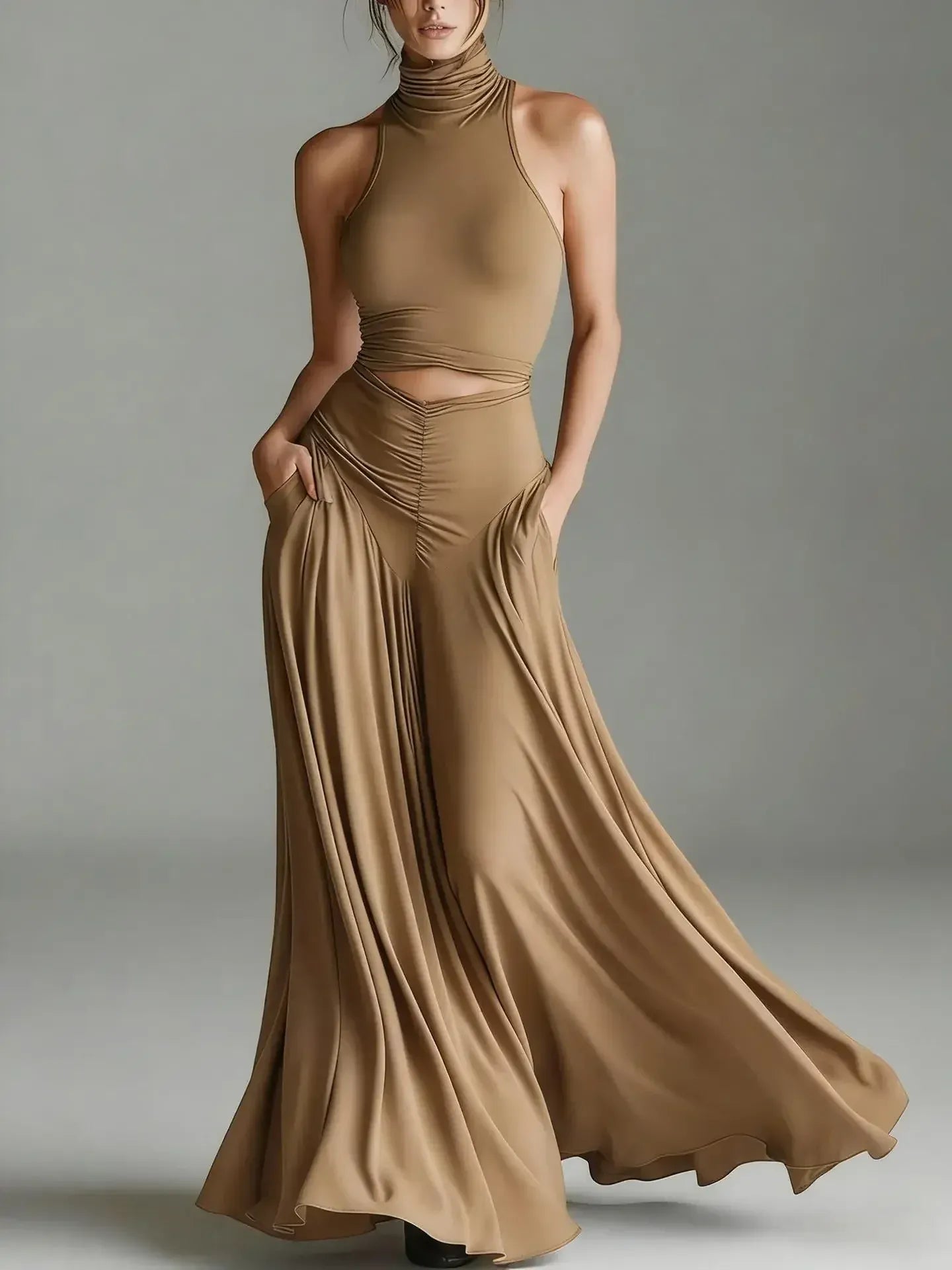Women's Sleeveless High-Waisted Pocketed Cut-Out Maxi Occasion Dress