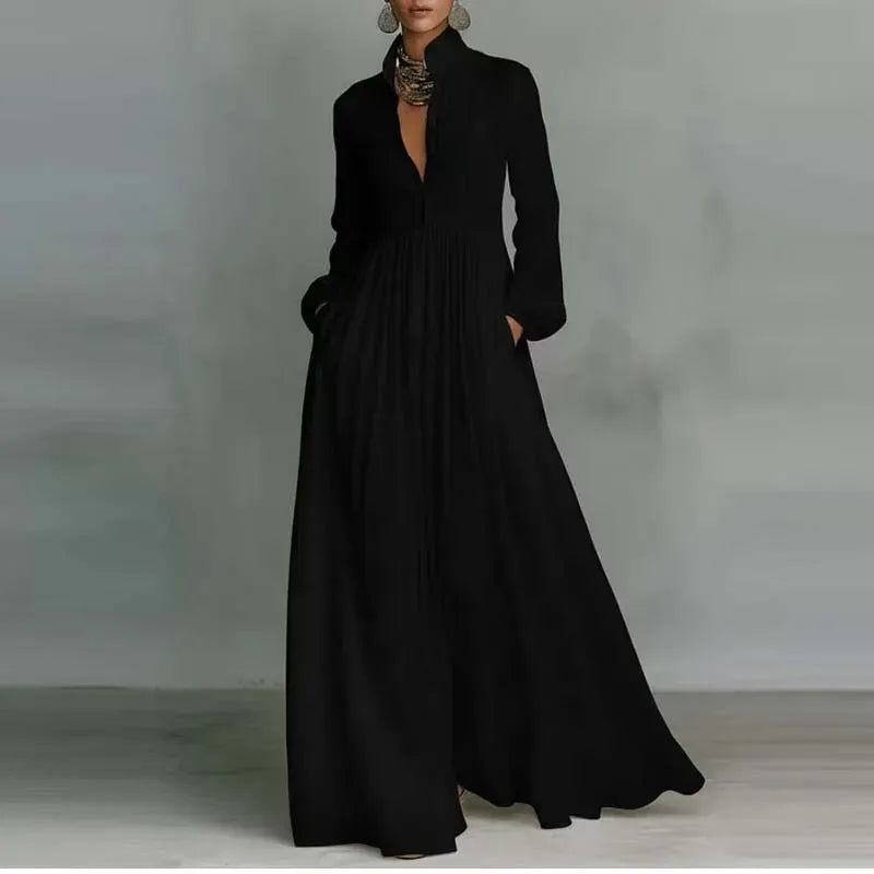 Women's Long-Sleeve High-Waisted Pleated Buttoned Maxi Occasion Dress