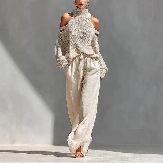 Women's Knit Off-Shoulder Relaxed-Fit Cut-Out Pants Set
