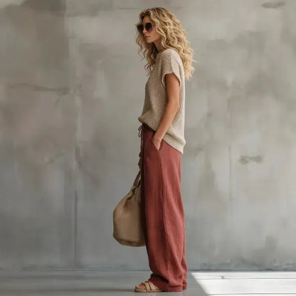 Women's Linen-Blend Knit Bohemian Vintage Pants Set