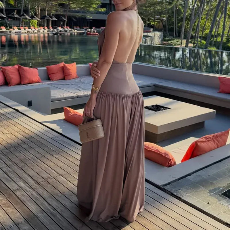 Women's Halter-Neck Sleeveless Backless Relaxed-Fit Pants Set