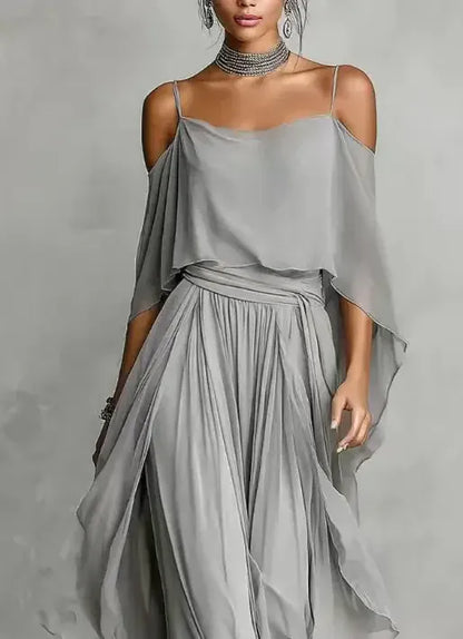 Women's Chiffon Off-Shoulder Relaxed-Fit Pants Set