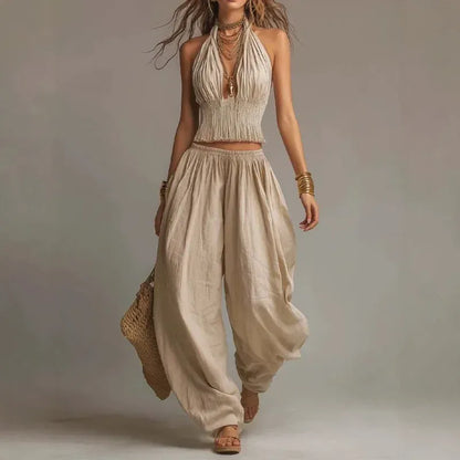 Women's Linen-Blend Bohemian Halter-Neck Wide-Leg Pants Set