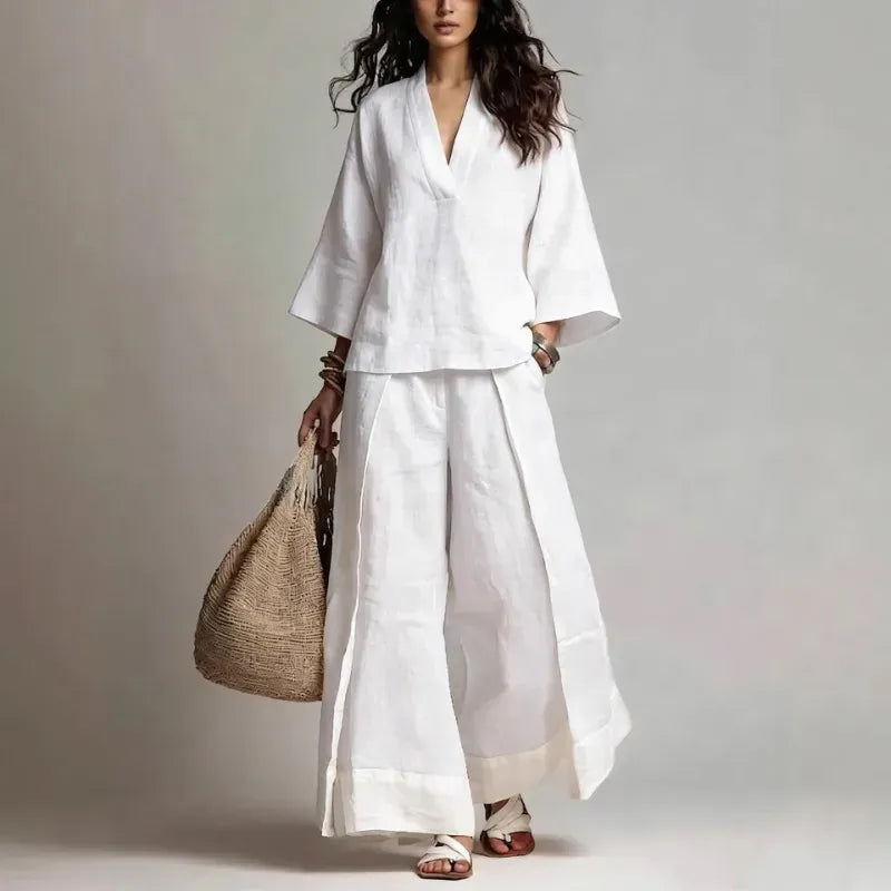 Women's Cotton-Linen V-Neck Wide-Leg French-Style Top and Pants Set