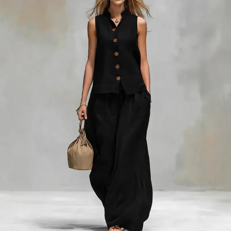 Women's Cotton-Linen Mock-Neck Sleeveless Wide-Leg Top and Pants Set