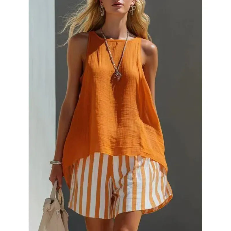Women's Linen Striped Sleeveless Casual Vacation Top and Shorts Set