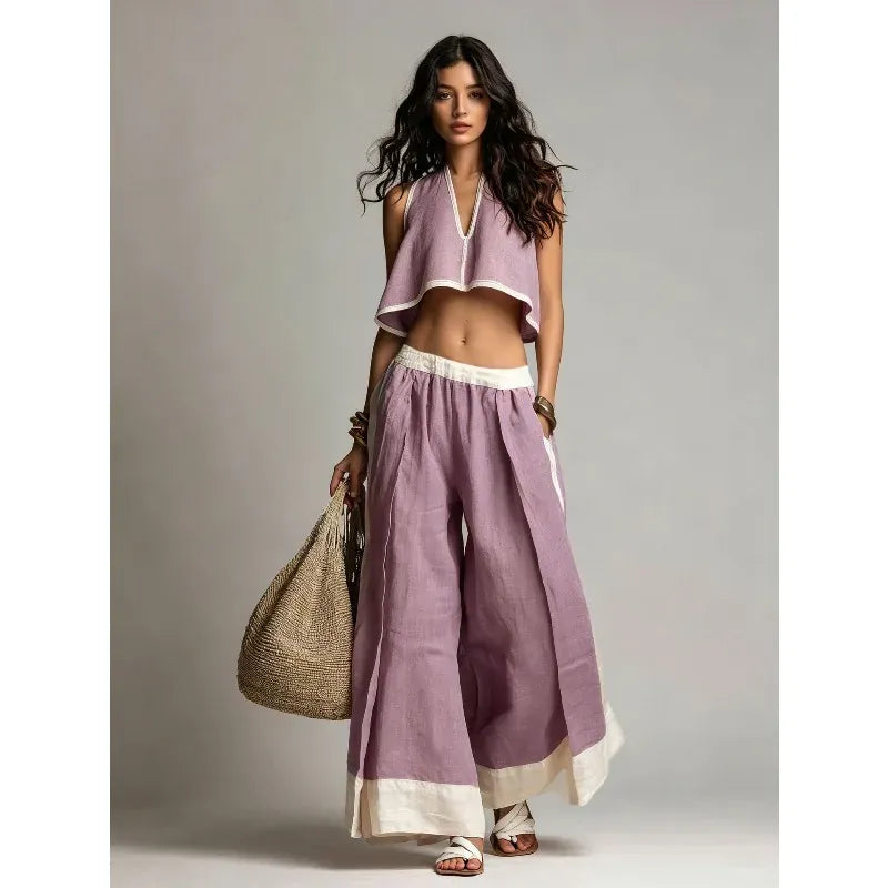 Women's Cotton-Linen V-Neck Sleeveless Wide-Leg Top and Pants Set