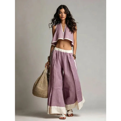 Women's Cotton-Linen V-Neck Sleeveless Wide-Leg Top and Pants Set