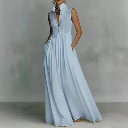 Women's Solid-Color Mock-Neck Sleeveless High-Waisted Buttoned Occasion Dress