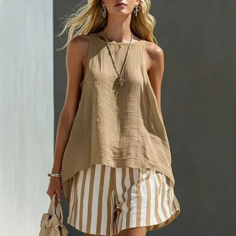 Women's Linen Striped Sleeveless Casual Vacation Top and Shorts Set