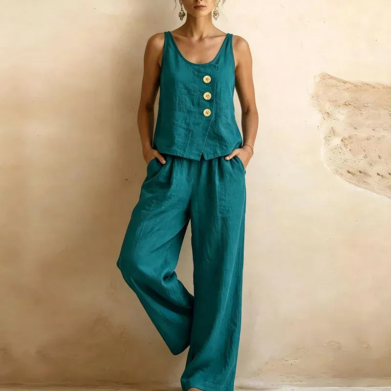 Women's Linen-Blend Sleeveless Crew-Neck Wide-Leg Pants Set