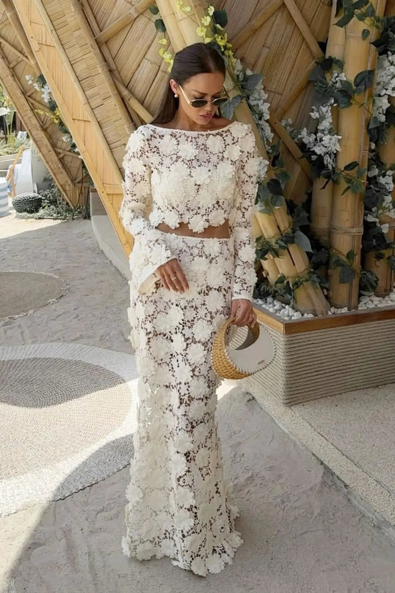 Women's Vacation Lace Backless Long-Sleeve Skirt Set