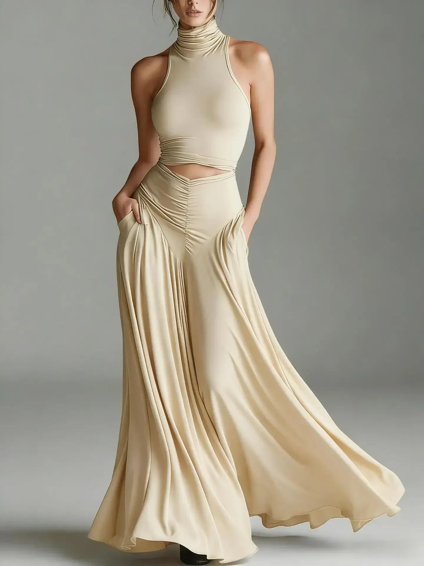 Women's Sleeveless High-Waisted Pocketed Cut-Out Maxi Occasion Dress