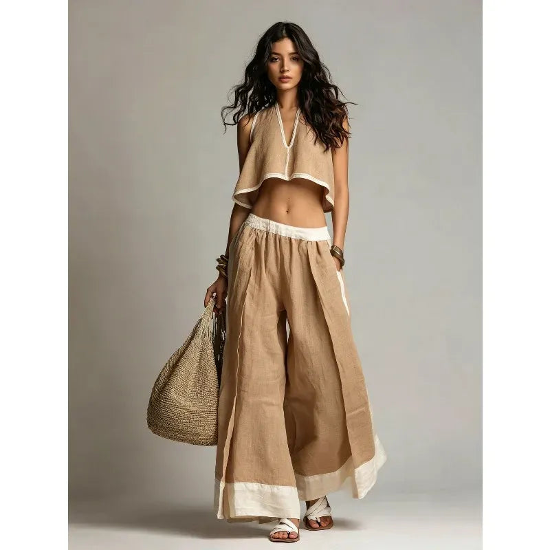 Women's Cotton-Linen V-Neck Sleeveless Wide-Leg Top and Pants Set