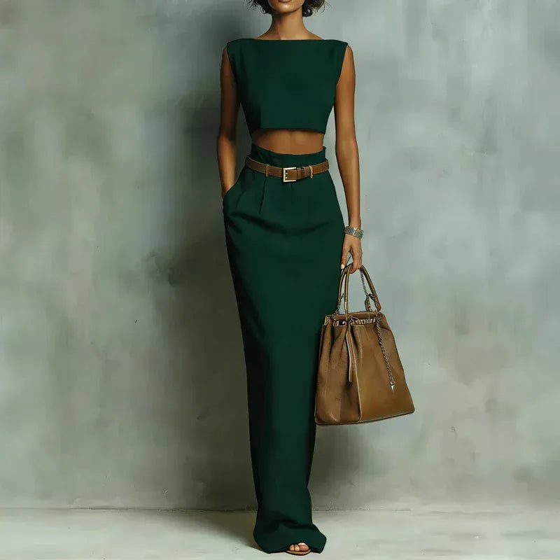Women's Sleeveless Crew-Neck Pocketed Skirt Set