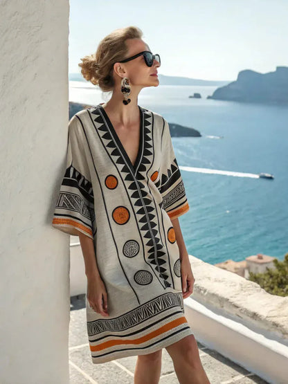 Women's Striped Vintage V-Neck Strappy Mini Dress