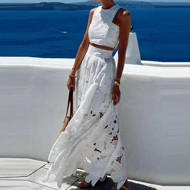 Women's Openwork Crochet Embroidered Sleeveless Top and Skirt Set