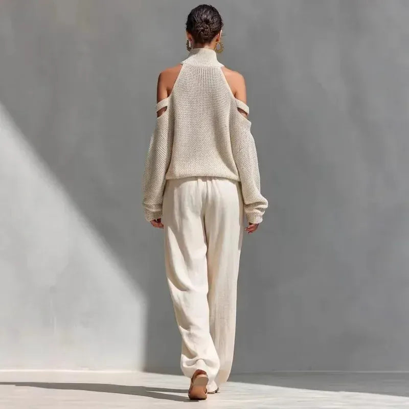 Women's Knit Off-Shoulder Relaxed-Fit Cut-Out Pants Set
