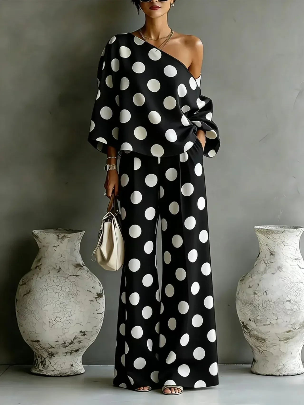 Women's Polka-Dot One-Shoulder High-Waisted Wide-Leg Vacation Top and Pants Set