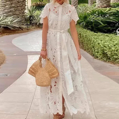 Women's Lace-Detail Embroidered Short-Sleeve Bohemian Vintage Occasion Dress