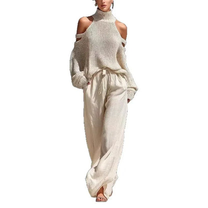 Women's Openwork Off-Shoulder Wide-Leg Casual Vacation Top and Pants Set