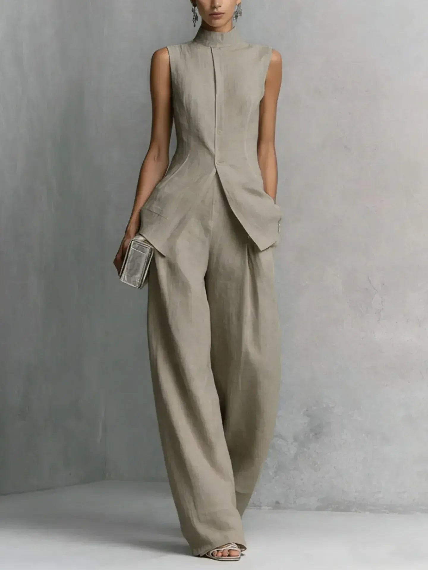 Women's Linen-Blend Vintage Sleeveless High-Waisted Pants Set
