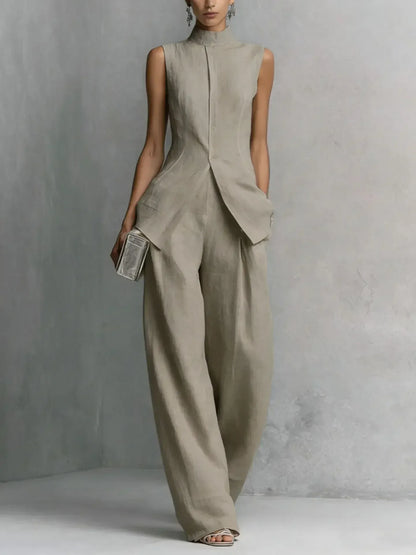 Women's Linen-Blend Vintage Sleeveless High-Waisted Pants Set