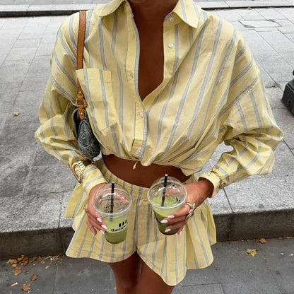 Women's Striped Long-Sleeve High-Waisted Buttoned Shorts Set