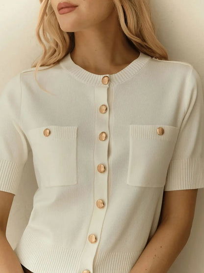Women's Short-Sleeve Buttoned Crochet Slim-Fit Cardigan
