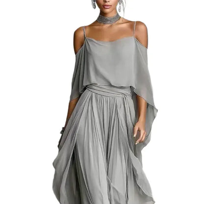 Women's Chiffon Off-Shoulder Relaxed-Fit Pants Set